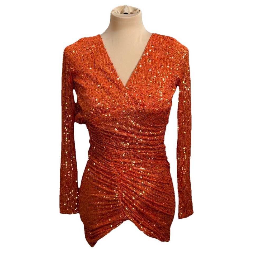 Spotlight On Me Orange Showgirl Style Sequin Mini Dress‎ Size S *Please Read* - Picture 2 of 8